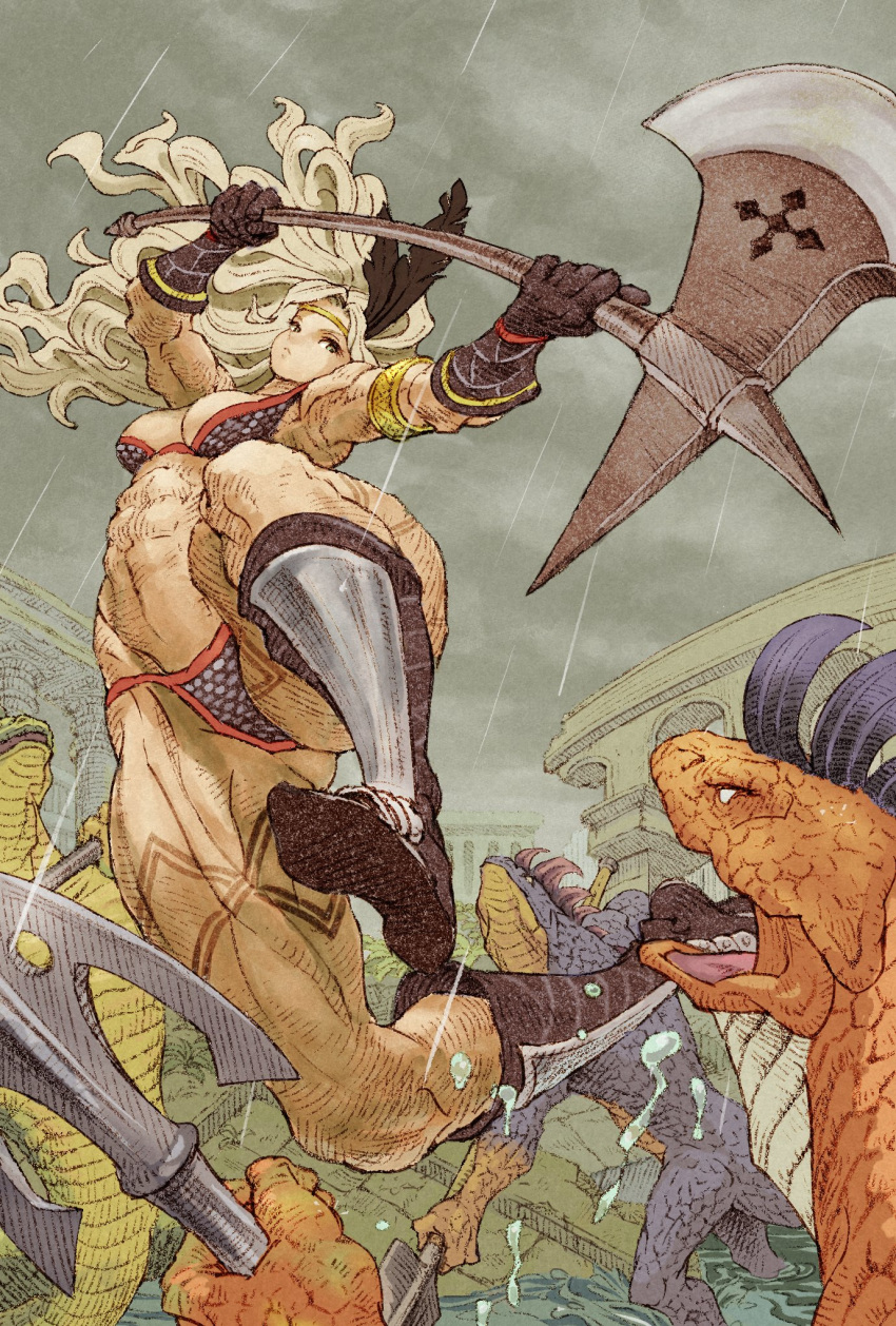 abs amazon_(dragon's_crown) architecture armlet armor axe bangs battle bikini blonde_hair boots breasts chainmail circlet cleavage cloud cloudy_sky dragon's_crown feather_hair_ornament feathers fighting_stance full_body gloves grey_eyes hair_ornament highres holding holding_axe leg_tattoo lizard long_hair medium_breasts muscular muscular_female parted_bangs rain shinichi_kobe sky swimsuit tattoo water_drop wavy_hair