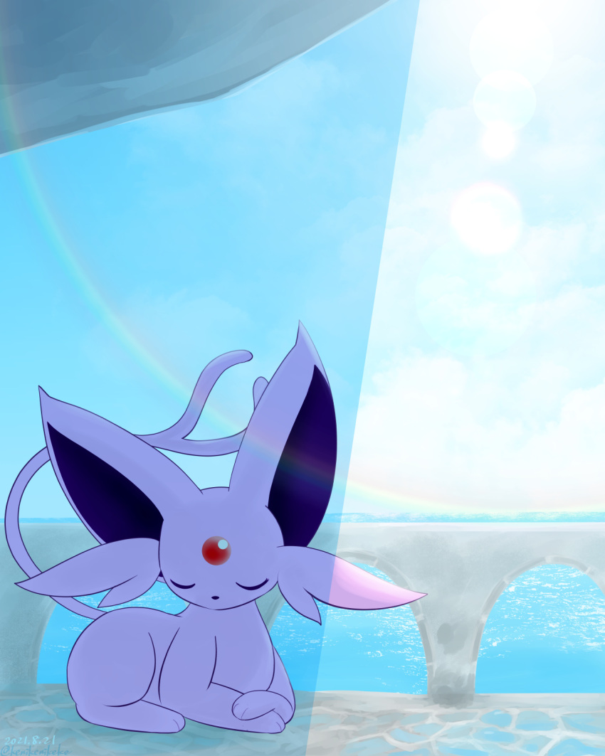 3_toes ambiguous_gender barrier big_ears black_nose cheek_tuft cloud colored day detailed_background digital_media_(artwork) eeveelution espeon eyes_closed facial_tuft feet felid feline feral forehead_gem forked_tail full-length_portrait fur hi_res kemono kenikenikeke light lighting mammal monotone_body monotone_ears monotone_fur monotone_tail nintendo outside paws pink_body pink_ears pink_fur pink_tail pok&eacute;mon pok&eacute;mon_(species) portrait purple_inner_ear quadruped railing rainbow rock sea seaside shaded shadow side_view sitting sky sleeping solo sunlight toes tuft unusual_anatomy unusual_tail video_games water