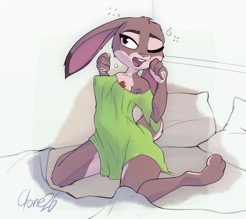 anthro bed bedding blanket breasts brown_nipples clone26 clothing countershading disney erect_nipples female fur furniture grey_body grey_fur hi_res judy_hopps kneeling lagomorph leporid long_ears mammal nipple_slip nipples on_bed one_eye_closed open_mouth oversized_shirt pillow rabbit shirt small_breasts solo stretching t-shirt tired topwear waking_up yawn zootopia