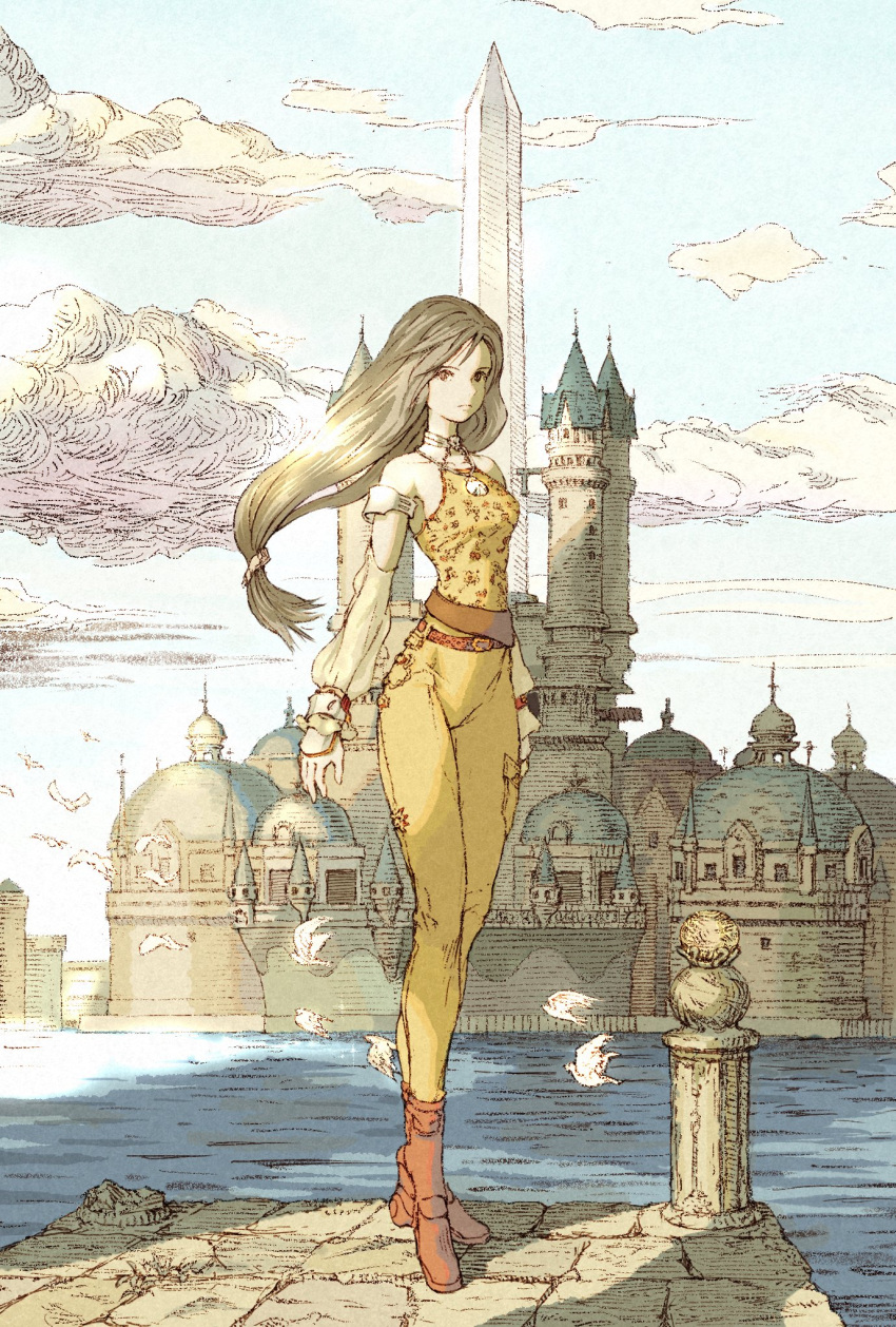 1girl bare_shoulders belt bird bodysuit boots breasts brown_eyes brown_hair castle choker city cloud cloudy_sky detached_sleeves dock dome final_fantasy final_fantasy_ix full_body garnet_til_alexandros_xvii halterneck highres jewelry long_hair looking_at_viewer low-tied_long_hair medium_breasts obelisk ocean orange_bodysuit pendant see-through see-through_sleeves shinichi_kobe sky solo tower