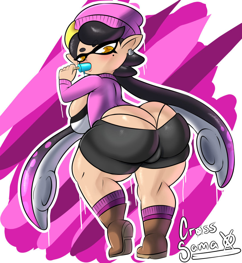 absurd_res animal_humanoid beauty_mark bent_over big_breasts big_butt blush breasts bubble_butt butt callie_(splatoon) cephalopod cephalopod_humanoid clothed clothing cross_samax ear_piercing eyelashes female food fully_clothed glistening glistening_eyes hi_res huge_breasts huge_butt huge_hips huge_thighs humanoid inkling licking_popsicle looking_at_viewer looking_back marine marine_humanoid markings mole_(marking) mollusk mollusk_humanoid narrowed_eyes nintendo piercing pink_background popsicle popsicle_in_mouth popsicle_melting presenting presenting_hindquarters pseudo_hair rear_view shaded simple_background solo splatoon squid_sisters_(splatoon) standing tentacle_hair tentacles thick_thighs tight_clothing video_games white_background wide_hips