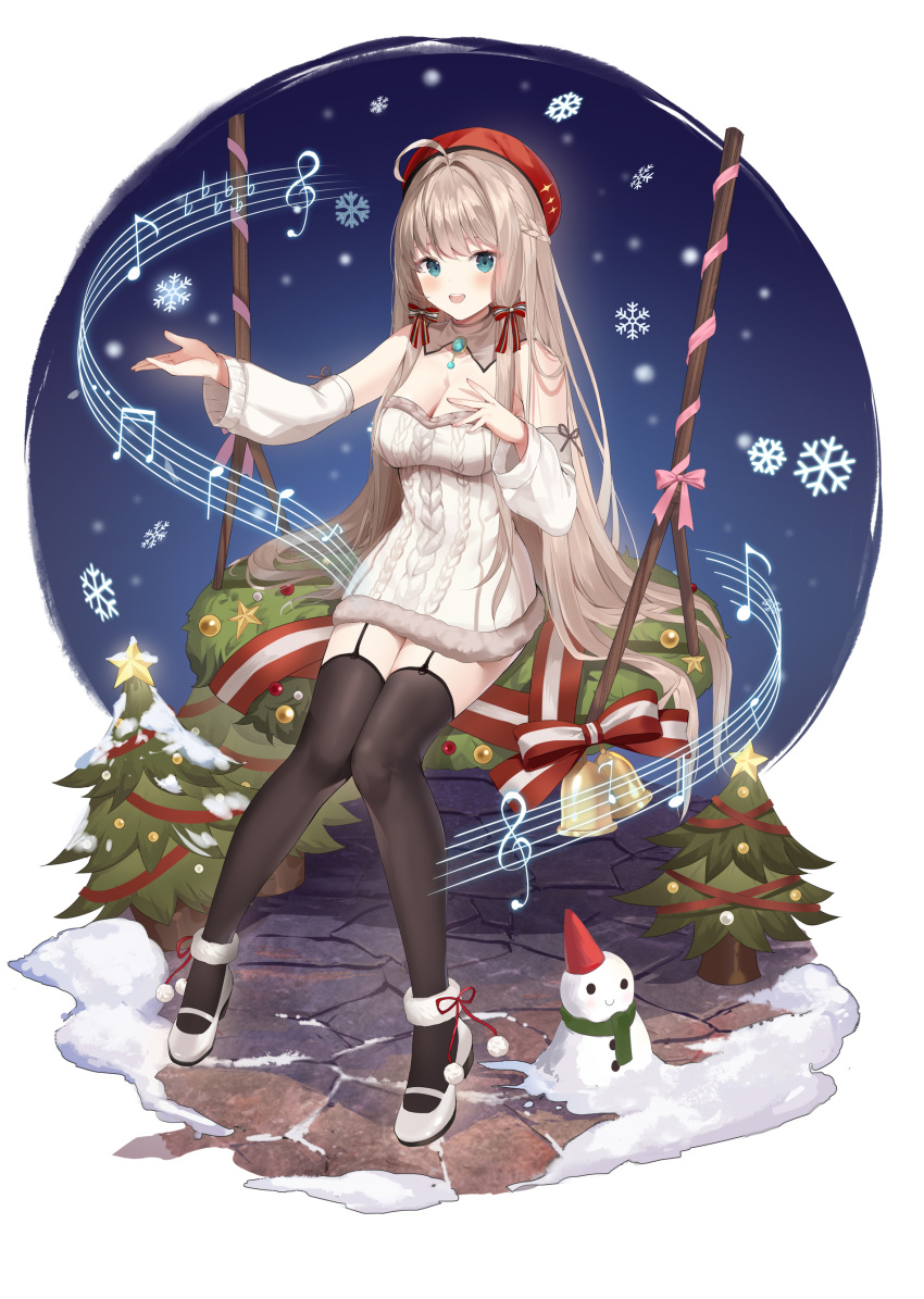 1girl absurdres ahoge beret blue_eyes breasts brown_hair christmas christmas_tree cleavage detached_collar detached_sleeves flora_(revived_witch) full_body garter_belt garter_straps hat highres hum_(ten_ten) long_hair musical_note official_art open_mouth red_headwear revived_witch smile snow snowman solo thighhighs white_footwear