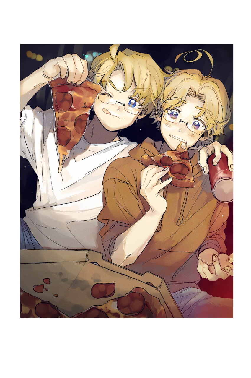 2boys ;d ahoge america_(hetalia) arm_around_shoulder axis_powers_hetalia blonde_hair blue_eyes blurry blurry_background border brothers can canada_(hetalia) cheese_trail eating fingernails food food_in_mouth highres holding holding_food holding_pizza male_focus multiple_boys ninonuko one_eye_closed pepperoni pizza pizza_box pizza_slice purple_eyes siblings smile soda_can white_border