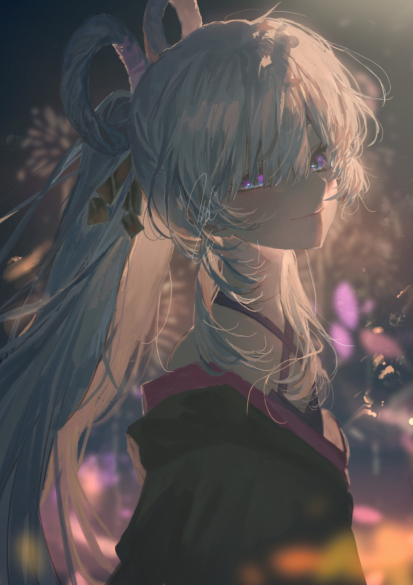 1girl absurdres aerial_fireworks blurry blurry_background cho_kaguya-hime! closed_mouth commentary_request fireworks hair_between_eyes hair_ornament hair_rings hair_stick highres long_hair looking_at_viewer purple_eyes runami_yachiyo solo tsuyuji_shigure twintails upper_body white_hair