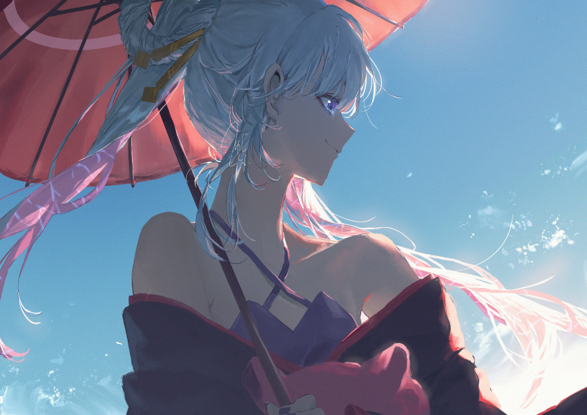 1girl absurdres bare_shoulders black_kimono blue_eyes cho_kaguya-hime! closed_mouth colored_inner_hair commentary_request hair_ornament hair_rings hair_stick highres holding holding_umbrella japanese_clothes kimono long_hair multicolored_hair oil-paper_umbrella pink_hair runami_yachiyo sky solo tsuyuji_shigure twintails umbrella upper_body white_hair