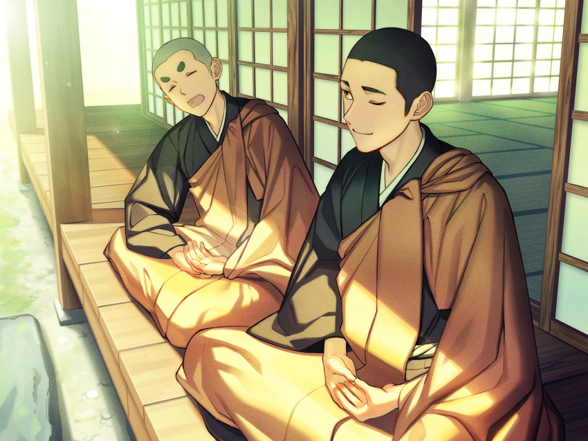 2boys architecture black_hair black_kimono closed_mouth east_asian_architecture highres japanese_clothes kimono male_focus multiple_boys one_eye_closed open_mouth orange_robe original outdoors shaved_head short_hair shouji sliding_doors smile tettabuzz thick_eyebrows veranda very_short_hair