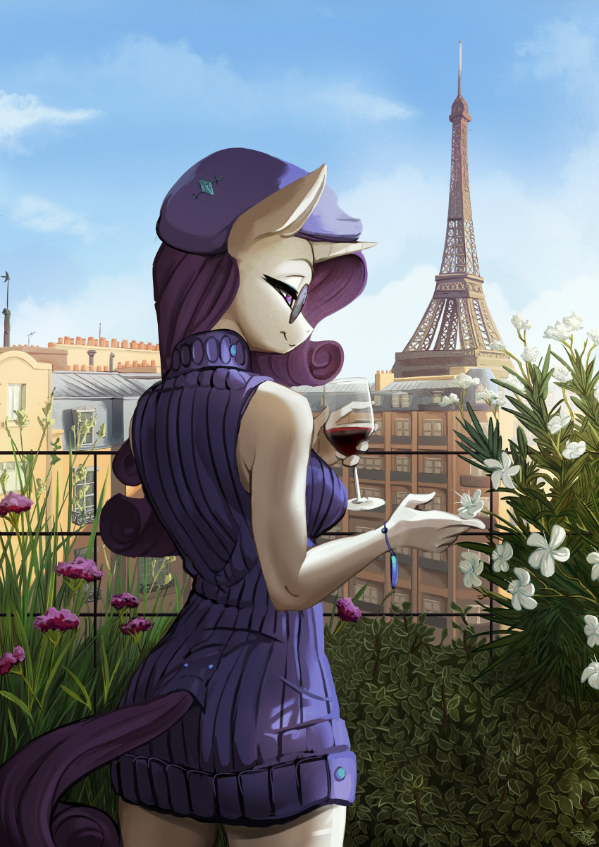 2022 absurd_res alcohol anthro beverage clothed clothing container cup detailed_background digital_media_(artwork) drinking_glass eiffel_tower equid equine female fidzfox fingers friendship_is_magic glass glass_container glass_cup hasbro hi_res horn mammal my_little_pony outside rarity_(mlp) smile solo unicorn wine wine_glass