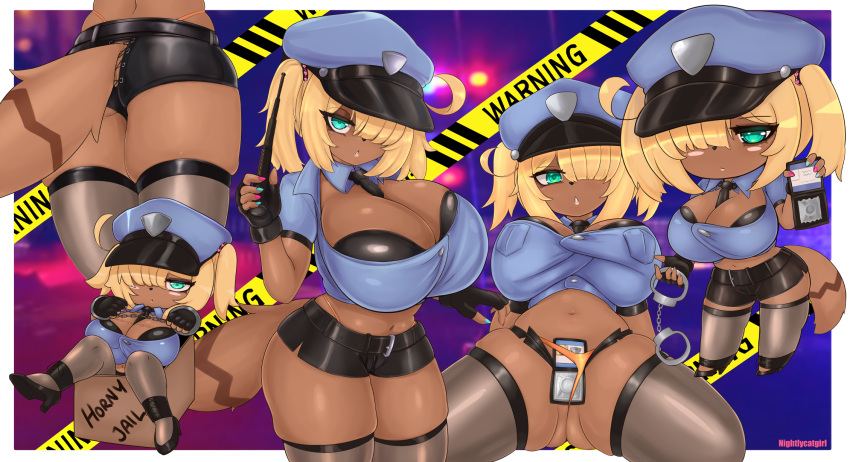 belt blonde_hair blue_eyes bottomwear bra breasts chibi cleavage clothed clothing colored_nails condom convenient_censorship cuff_(restraint) female hair handcuffs hat headgear headwear hi_res high_heels holding_object holding_weapon hotpants humanoid hybrid legwear mammal metal_cuffs nails necktie nightlycatgirl one_eye_obstructed police_badge police_uniform procyonid raccoon rear_view restraints sexual_barrier_device shirt shorts solo spread_legs spreading standing stockings suggestive tan_body topwear twintails_(hairstyle) underwear uniform weapon