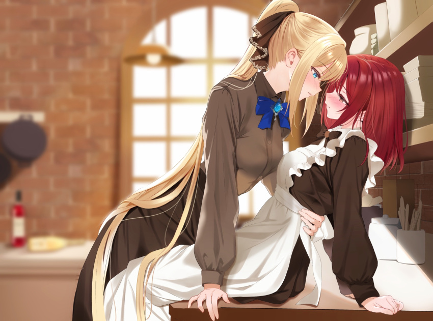 2girls apron bagel_sandica berry_(shoujo_no_nozomanu_eiyuutan) black_dress blue_bow blue_bowtie blue_eyes blurry blurry_background blush bow bowtie brooch brown_shirt closed_mouth collared_shirt commentary_request dress hand_on_another's_waist highres indoors jewelry kitchen long_hair long_sleeves looking_at_another maid maid_apron master_and_servant multiple_girls parted_lips ponytail purple_eyes red_hair shirt shoujo_no_nozomanu_eiyuutan very_long_hair white_apron yuri