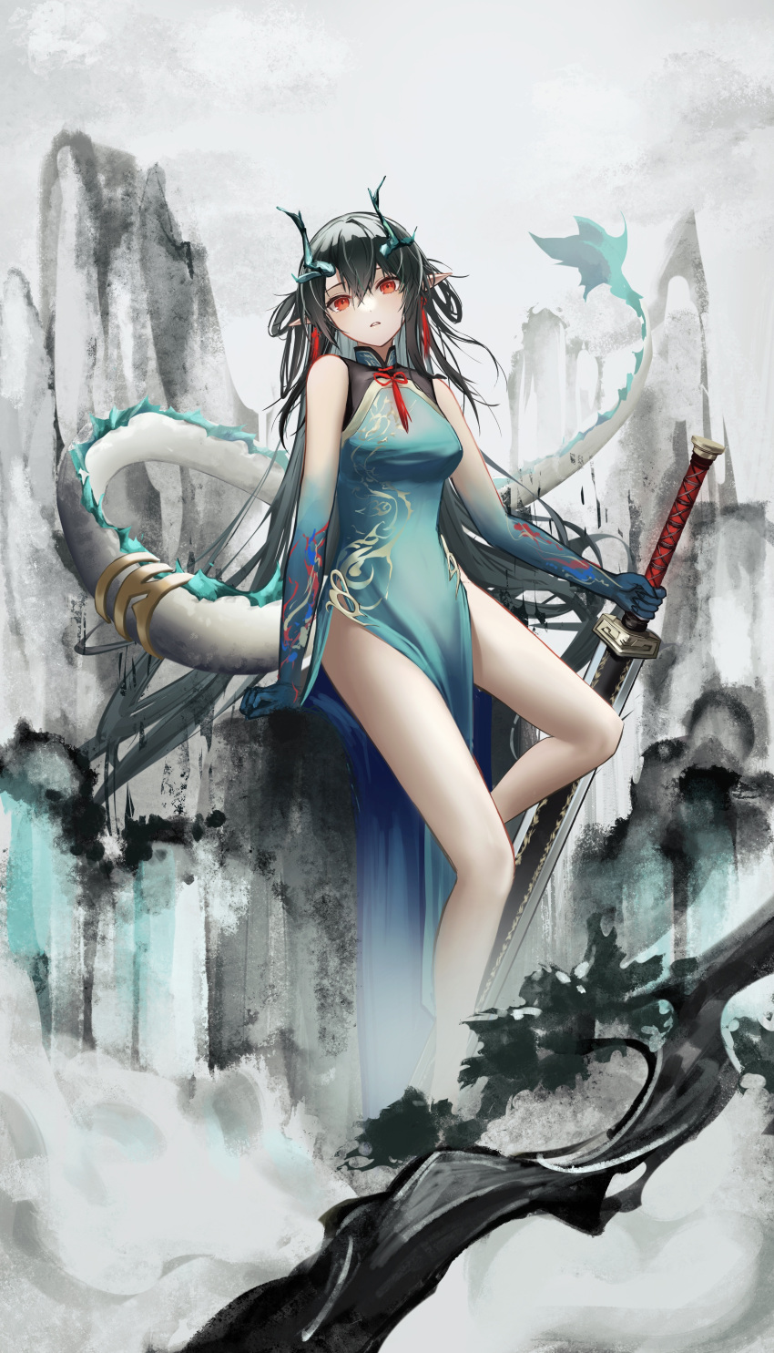 1girl absurdres arknights bangs bare_legs bare_shoulders black_hair blue_skin breasts colored_skin dragon_girl dragon_horns dragon_tail dress dusk_(arknights) dusk_(everything_is_a_miracle)_(arknights) earrings fiery_tail gradient_skin green_dress highres holding holding_sword holding_weapon horns ink jewelry long_hair medium_breasts mihaia neck_ribbon official_alternate_costume parted_lips pelvic_curtain pointy_ears red_eyes red_ribbon ribbon sitting sleeveless sleeveless_dress solo sword tail tail_ornament tail_ring very_long_hair weapon