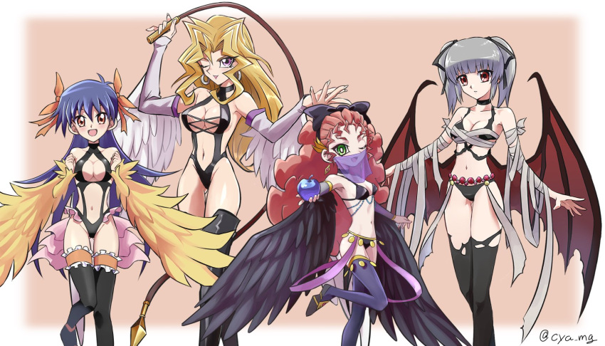 4girls apple bandages bat_wings blonde_hair blue_hair breasts chaya_mago commentary_request cosplay detached_sleeves earrings feathered_wings food fruit green_eyes grey_hair harpie_dancer harpie_dancer_(cosplay) harpie_queen harpie_queen_(cosplay) highres hochun_mieru jewelry kujaku_mai large_breasts looking_at_viewer maiden_in_love maiden_in_love_(cosplay) medium_breasts mouth_veil multiple_girls one_eye_closed purple_eyes rain_megumi red_eyes red_hair revealing_clothes saotome_rei signature small_breasts thighhighs twintails vampire_grimson vampire_grimson_(cosplay) veil whip winged_arms wings yu-gi-oh! yu-gi-oh!_arc-v yu-gi-oh!_duel_monsters yu-gi-oh!_gx yu-gi-oh!_tag_force