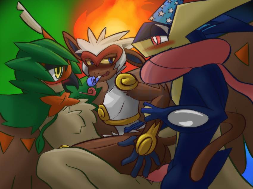amphibian anthro avian beak bird blue_background blue_body blush clothing decidueye female female/female fire frog from_behind_position from_front_position green_background greninja group group_sex hand_on_arm hand_on_butt hand_on_hip haplorhine hat headgear headwear hi_res hot_dogging humanoid infernape lewdaesthetics long_tongue looking_at_another looking_at_partner looking_pleasured lying lying_on_partner male male/female mammal monkey nintendo on_back on_front owl party_hat pink_eyes pok&eacute;mon pok&eacute;mon_(species) primate red_background sandwich_position sex short_tail simple_background smile tail_around_partner tail_curl tan_body tongue trio trio_focus video_games white_body wings yellow_eyes yellow_sclera