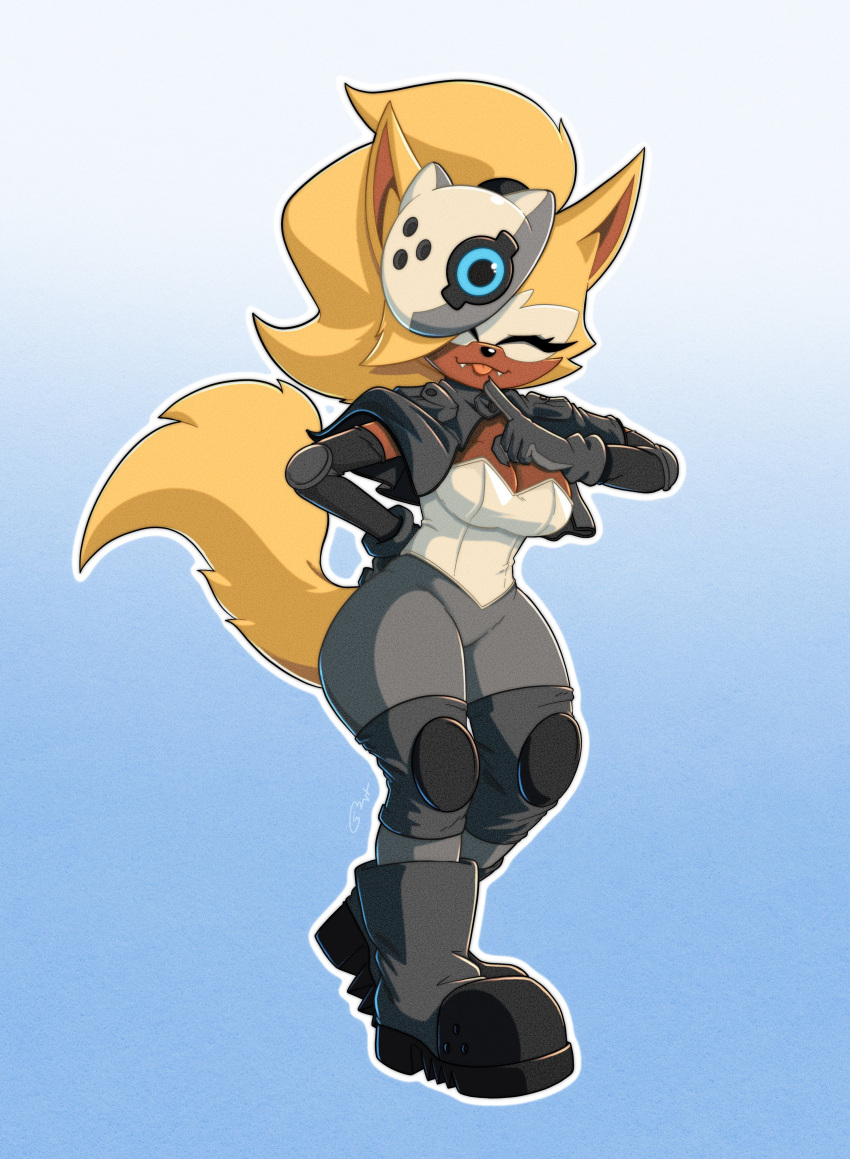2026 absurd_res anthro blep blonde_hair boots breasts brown_body canid canine canis capelet clothing elbow_pads eyelashes eyes_closed facial_markings fangs female footwear gloves hair handwear head_markings hi_res idw_publishing knee_pads mammal markings mask mask_(marking) ponytail roboticsteve sega shoes solo sonic_the_hedgehog_(comics) sonic_the_hedgehog_(idw) sonic_the_hedgehog_(series) teeth tongue tongue_out whisper_the_wolf wolf