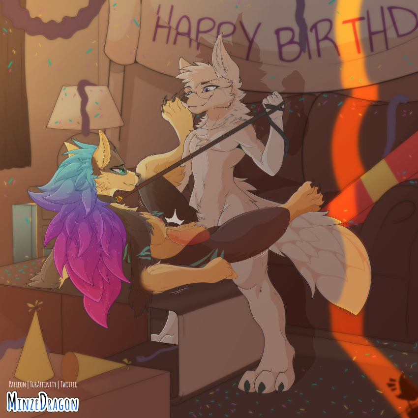 absurd_res anthro birthday birthday_sex canid canine canis duo eyewear female glasses hi_res leash leash_pull male male/female mammal minze paws penetration sex spread_legs spreading wolf