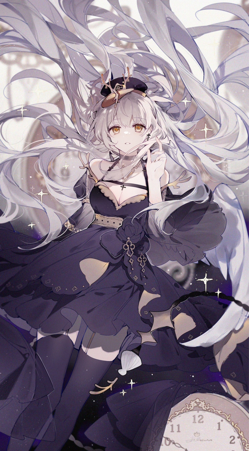 1girl bangs black_collar black_dress black_thighhighs breasts clam cleavage clock collar dress earrings feet_out_of_frame glitter hair_ornament hat hat_ornament highres jewelry long_hair original pale_skin qianqianjie solo sparkle thighhighs thighs white_hair wings yellow_eyes