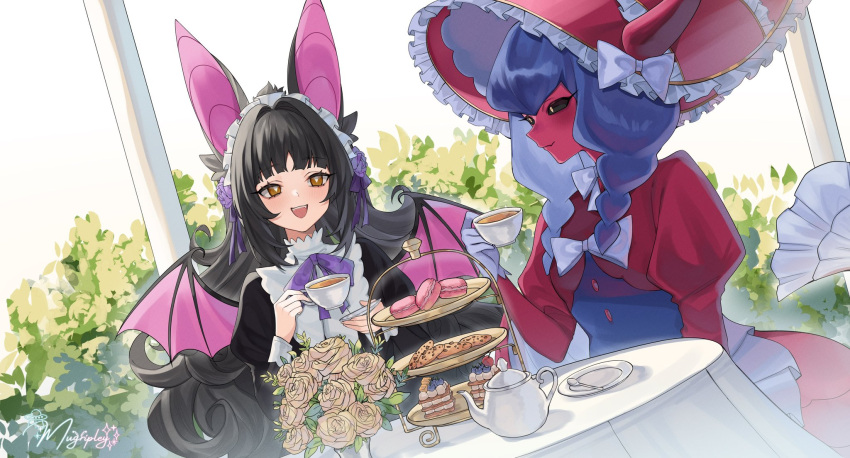 2girls animal_ears bat_ears bat_girl bat_wings black_dress black_hair black_sclera blue_hair colored_sclera colored_skin cup digimon digimon_(creature) dress flower hat highres horns indie_virtual_youtuber lamiamon long_hair monster_girl moriko_kyoho mugripley multiple_girls open_mouth pink_skin red_dress rose smile teacup teapot very_long_hair virtual_youtuber wings yellow_eyes