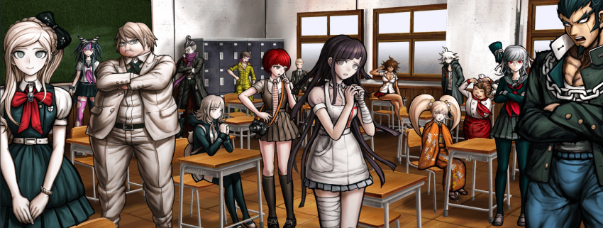 6+boys 6+girls animal_bag bandages bangs belt blazer blonde_hair blue_eyes bracelet braid cat_bag chair chef_uniform classroom closed_mouth collared_shirt crossed_arms crossed_legs danganronpa_(series) danganronpa_2:_goodbye_despair dark-skinned_female dark_skin desk fat fat_man flipped_hair formal glasses grey_hair hair_horns hanamura_teruteru hand_on_hip indoors jacket japanese_clothes jewelry kimono koizumi_mahiru komaeda_nagito komatsuzaki_rui kuzuryuu_fuyuhiko locker long_hair looking_at_viewer mioda_ibuki multicolored_hair multiple_boys multiple_girls muscular muscular_male nanami_chiaki nidai_nekomaru official_art on_desk open_mouth owari_akane parted_bangs pekoyama_peko pleated_skirt puffy_short_sleeves puffy_sleeves red_eyes red_hair sailor_collar saionji_hiyoko scarf school school_chair school_desk school_uniform serafuku shirt short_sleeves sitting sitting_on_desk skirt smile sonia_nevermind souda_kazuichi standing suit table tanaka_gandamu togami_byakuya_(danganronpa_2) tsumiki_mikan white_shirt window zettai_ryouiki