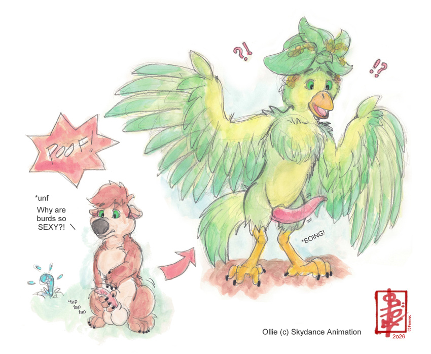 animal_genitalia animal_penis aroused avian avian_feet balls bird claws dialogue erection exclamation_point feathered_wings feathers fennec_(artist) feral genitals magic male mammal masturbation ollie_(swapped_movie) painting_(artwork) penis question_mark rodent rodent_penis skydance_animation solo species_transformation surprise_transformation surprised swapped_(movie) traditional_media_(artwork) transformation transformation_by_substance watercolor_(artwork) wings