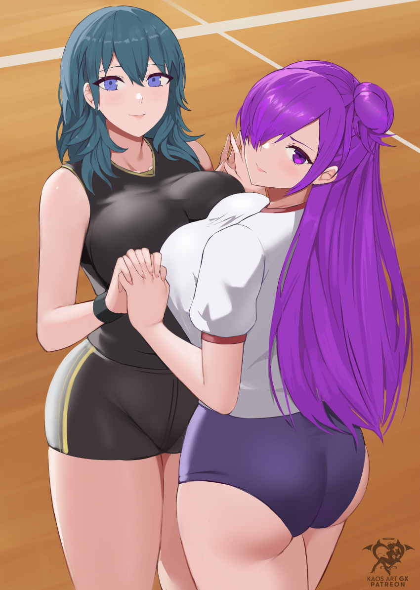 2girls absurdres ass bangs blue_eyes blue_hair blush breast_press breasts buruma byleth_(fire_emblem) byleth_(fire_emblem)_(female) curvy fire_emblem fire_emblem:_three_houses fire_emblem_warriors:_three_hopes gym_uniform hair_bun hair_over_one_eye highres holding_hands kaos_art large_breasts long_hair looking_at_viewer multiple_girls purple_eyes purple_hair shez_(fire_emblem) shez_(fire_emblem)_(female) simple_background single_hair_bun smile