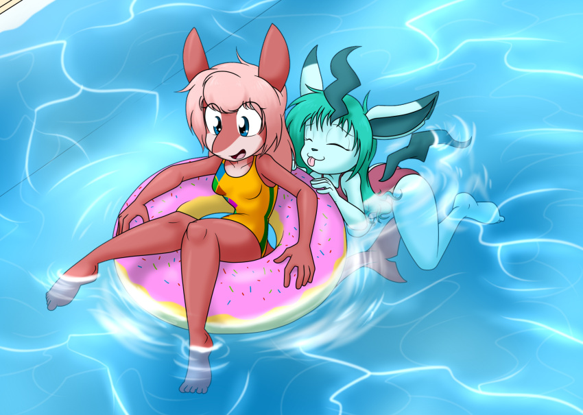 5_fingers 5_toes anthro blue_body blue_eyes blue_nose blue_skin breasts clothed clothing dessert donut_pool_toy doughnut duo eeveelution eyebrows eyelashes eyes_closed feet female fin fingers fish floating food green_hair hair happy hi_res high-angle_view holding_object humanoid_feet leafeon long_hair mari_(sandwich-anomaly) marine nintendo notched_fin one-piece_swimsuit partially_submerged pink_body pink_hair pink_skin pink_tongue pok&eacute;mon pok&eacute;mon_(species) pool_toy red_body red_skin sandwich-anomaly shark sitting smile swim_ring swimwear talia_(sandwich-anomaly) toes tongue tongue_out video_games young