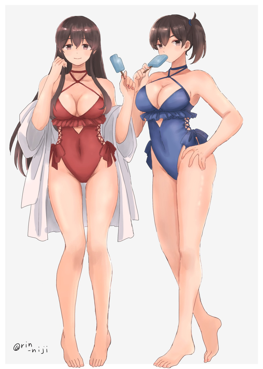 2girls adapted_costume akagi_(kancolle) barefoot breasts brown_eyes brown_hair casual_one-piece_swimsuit cleavage cosplay eating food food_in_mouth frilled_swimsuit frills full_body hair_between_eyes highres holding holding_food ice_cream ice_cream_bar jacket kaga_(kancolle) kantai_collection large_breasts long_hair mouth_hold multiple_girls one-piece_swimsuit popsicle rin_(rin_niji) sagiri_(kancolle) sagiri_(kancolle)_(cosplay) side_ponytail simple_background swimsuit white_background