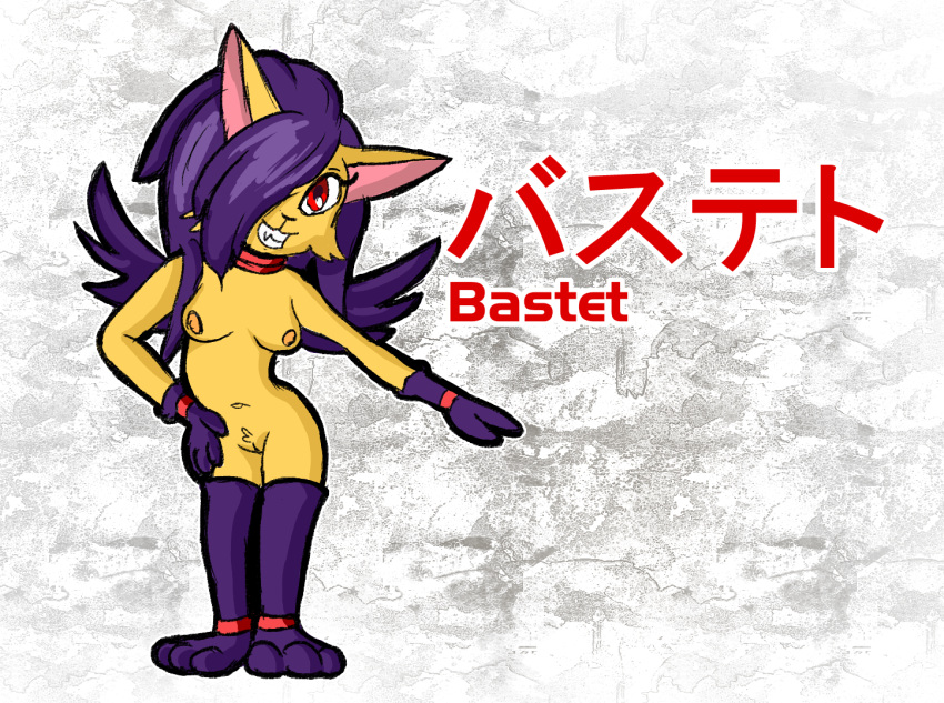 2022 anonymous_artist anthro bastet_(megami_tensei) breasts clothing collar demikids domestic_cat fangs felid feline felis female female/female footwear fur genitals gloves hair handwear japanese_text mammal pubes pussy simple_background socks solo text textured_background wings