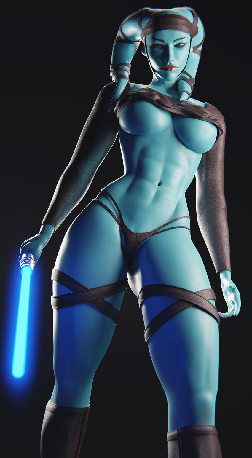 aayla_secura abs alien alien_humanoid big_breasts blue_body blue_skin breasts butt clothed clothing el-recondite female hi_res humanoid lekku_(anatomy) lightsaber looking_at_viewer melee_weapon muscular muscular_female navel not_furry panties pseudo_hair raised_clothing raised_shirt raised_topwear shirt skimpy solo star_wars tentacles thick_thighs thong topwear twi'lek under_boob underwear weapon wide_hips