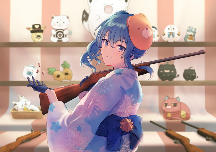 1girl 35p_(sakura_miko) absurdres bangs bear_mask blue_eyes blue_gloves blue_hair blue_sash closed_mouth cork cork_gun elfriend_(shiranui_flare) fireworks_print fubuzilla_(shirakami_fubuki) gloves gun hair_between_eyes highres holding holding_gun holding_weapon hololive hoshimachi_suisei japanese_clothes kimono kintoki_(sakura_miko) long_hair long_sleeves looking_at_viewer mask mask_on_head nekko_(momosuzu_nene) over_shoulder print_kimono rifle sash shishamope shooting_gallery side_ponytail solo ssrb star_(symbol) star_in_eye star_print sukonbu_(shirakami_fubuki) symbol_in_eye virtual_youtuber weapon weapon_over_shoulder yukimin_(yukihana_lamy) zain_(omaru_polka)