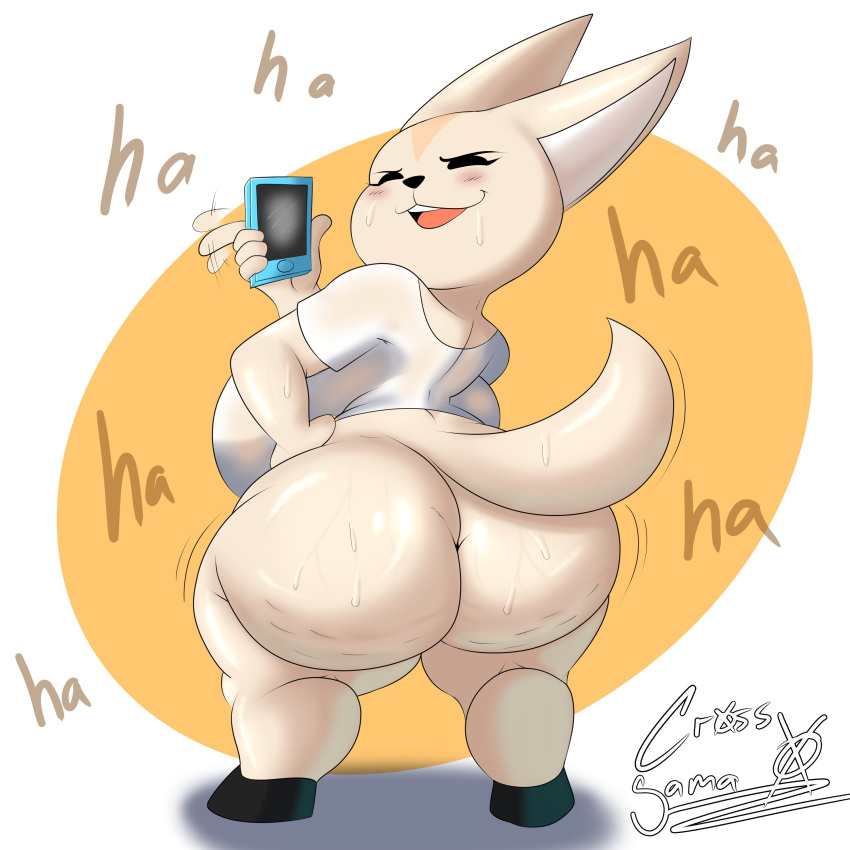 absurd_res aggressive_retsuko anthro big_breasts big_butt blush bodily_fluids bottomless breasts bubble_butt butt canid canine cellphone clothed clothing convenient_censorship cross_samax english_text eyelashes female fennec fenneko finger_wag fox fur half-closed_eyes hand_on_hip hi_res holding_cellphone holding_object holding_phone huge_breasts huge_butt huge_hips huge_thighs laugh looking_at_viewer looking_back mammal motion_lines narrowed_eyes open_mouth open_smile partially_clothed phone rear_view sagging_breasts sanrio shaded shadow short_stack simple_background smile smug solo standing sweat sweaty_butt teeth text thick_thighs tongue wide_hips
