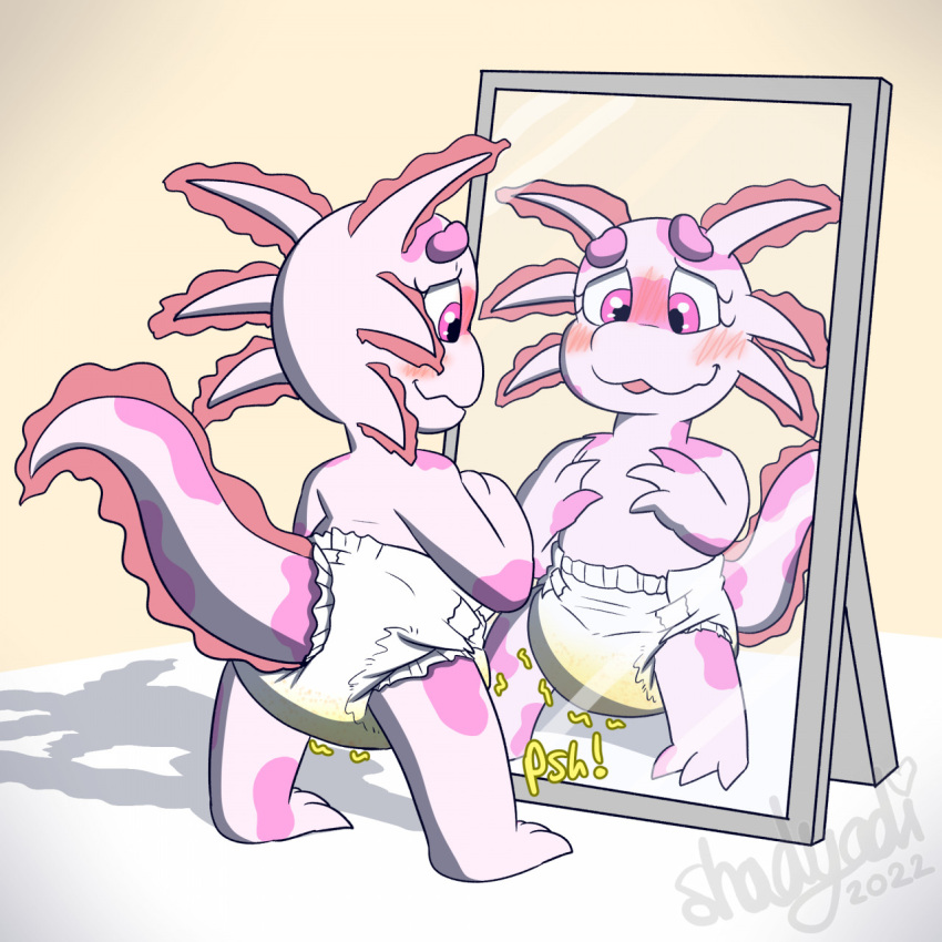 ambiguous_gender amphibian anthro axolotl blush blush_lines bodily_fluids diaper genital_fluids hi_res looking_down mirror mole_salamander onomatopoeia peeing salamander_(amphibian) shadow shadyadi1 simple_background sound_effects text urine watermark wet_diaper wetting wetting_diaper