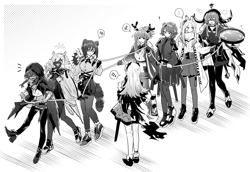 6+girls absinthe_(arknights) animal_ears anklet arknights arm_wrap barcode barcode_tattoo bear_ears bear_girl boots bowl closed_eyes collared_shirt commentary cow_ears cow_girl cow_horns cow_tail creator_connection crop_top cross_tie dark-skinned_female dark_skin deer_antlers deer_ears deer_girl dress ear_piercing emphasis_lines firewatch_(arknights) flint_(arknights) flower flower_on_head freckles hair_between_eyes hair_ornament hair_tubes head_wings heavyrain_(arknights) holding holding_bowl holding_ribbon hood hood_up hooded_jacket horns horse_ears horse_girl horse_tail irene_(arknights) iwashi_80 jacket jewelry leg_tattoo long_sleeves midriff multicolored_hair multiple_girls necktie open_mouth pallas_(arknights) pantyhose pantyhose_under_shorts piercing raccoon_ears raccoon_girl raccoon_tail ribbon robin_(arknights) scabbard sharp_teeth sheath shirt shoes shorts sidelocks simple_background skirt smile speech_bubble spoken_sparkle streaked_hair symbol-only_commentary tail tattoo teeth tuye_(arknights) water_drop white_background x_hair_ornament