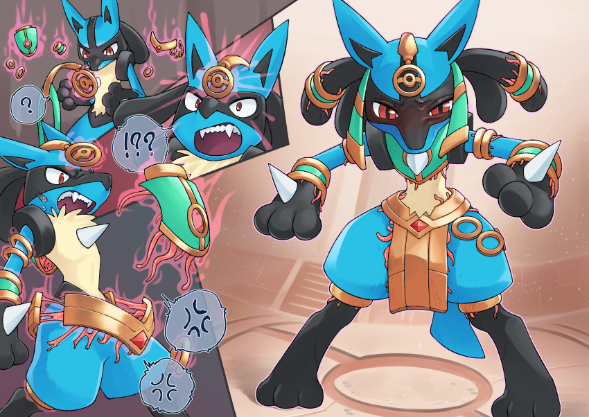 3_fingers absurd_res anthro black_body black_pupils blue_ears blue_tail bottomwear canid canine clothed clothing cross-popping_vein fangs fingers hi_res holowear_(pok&eacute;mon) loincloth lucario mammal midriff nintendo open_mouth pok&eacute;mon pok&eacute;mon_(species) pok&eacute;mon_unite pupils question_mark red_eyes ruins_style_lucario speech_bubble standing teeth video_games zumi