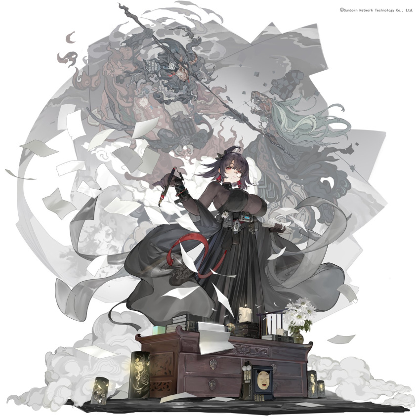 1girl bag bag_removed bangs belt black_dress bodystocking book breasts calligraphy_brush candle chest_belt commentary copyright dress earrings flower flower_pot from_below full_body girls'_frontline girls'_frontline_neural_cloud gloves highres holding holding_paper jewelry large_breasts lit_candle long_dress looking_at_viewer mole mole_under_mouth monocle noh_mask nora_(girls'_frontline_nc) official_art paintbrush paper papers pleated_dress purple_hair red_eyes short_hair shoulder_bag smile smoke solo standing t_lege_d turtleneck underbust utility_belt white_background white_flower