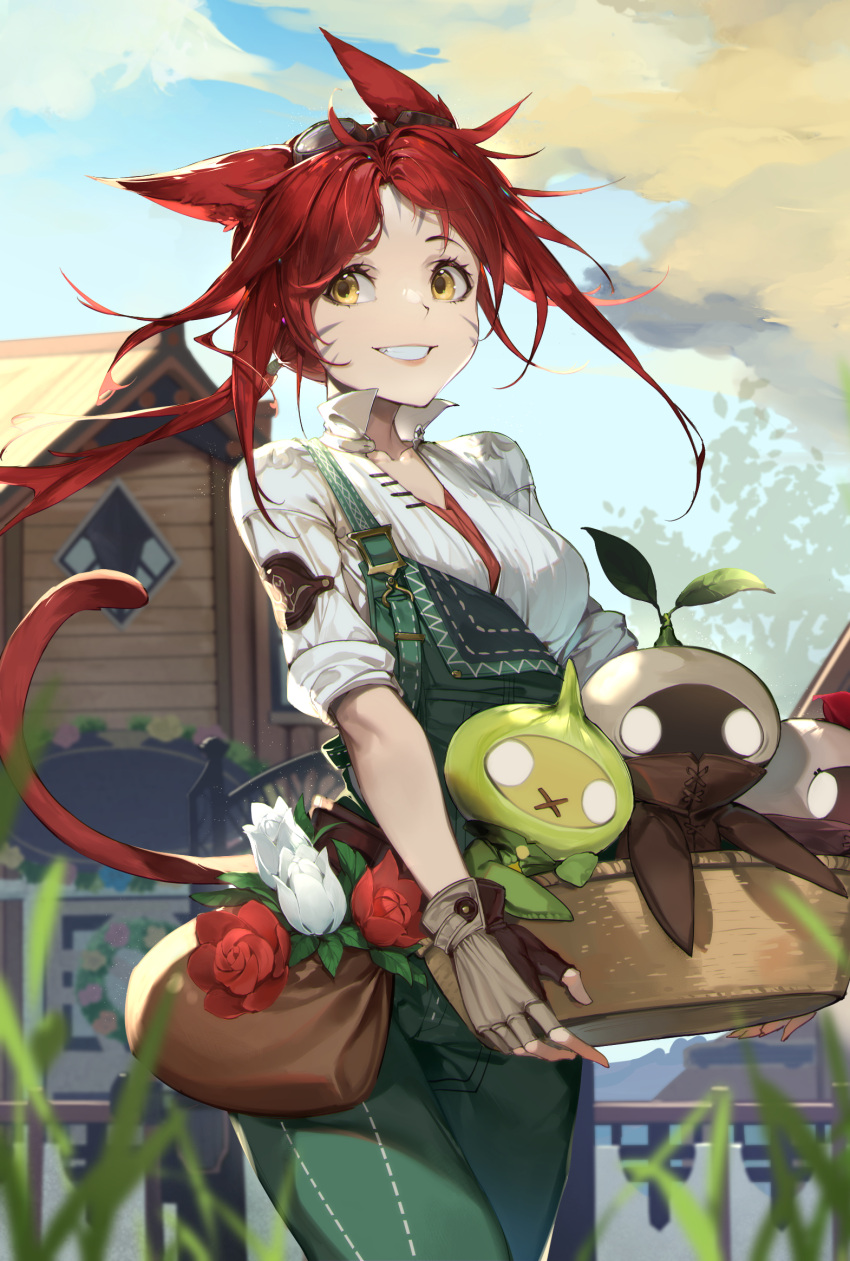 1girl animal_ears avatar_(ff14) bangs basket blue_sky blurry brown_gloves building carrying cat_ears cat_girl cat_tail cloud collarbone collared_shirt commentary cowboy_shot day depth_of_field facial_mark final_fantasy final_fantasy_xiv fingerless_gloves floating_hair flower flower_wreath forehead_mark from_side gloves goggles goggles_on_head grass green_overalls grin highres hiko_(630090143) holding holding_basket looking_back low_ponytail mandragora_(final_fantasy) medium_hair miqo'te outdoors overalls parted_bangs pouch red_flower red_hair red_rose rose shirt sky smile solo strap_slip tail tree tulip walking white_flower white_shirt white_tulip yellow_eyes