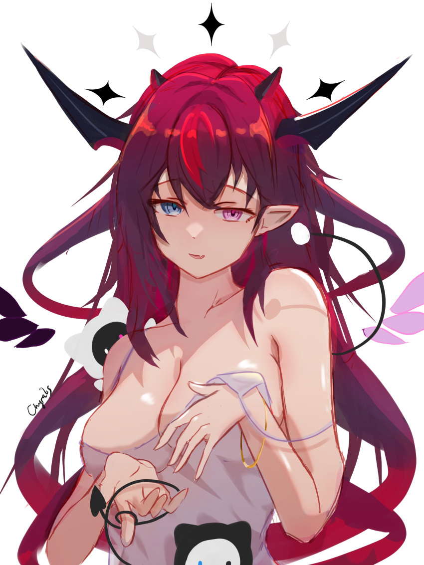 1girl absurdres bangs bare_shoulders bloom_(irys) blouse blue_eyes breast_hold breast_squeeze breasts chyraliss cleavage collarbone demon_girl demon_horns detached_wings fang gloom_(irys) hair_between_eyes halo highres hololive hololive_english horns irys_(hololive) large_breasts long_hair looking_at_viewer mini_wings multicolored_hair multiple_horns no_bra open_mouth pointy_ears scrunchie shirt signature simple_background solo strap_slip tail upper_body virtual_youtuber white_background wings wrist_scrunchie