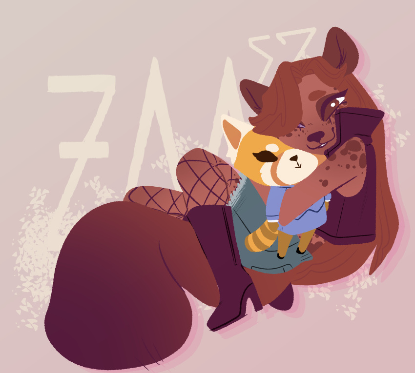 absurd_res aggressive_retsuko ailurid anthro boots brown_hair clothing digital_media_(artwork) embrace female fishnet footwear hair helena_(bonk6) hi_res hug hyaenid jacket mammal plushie red_panda retsuko sanrio sheol_(artist) solo spots spotted_body topwear