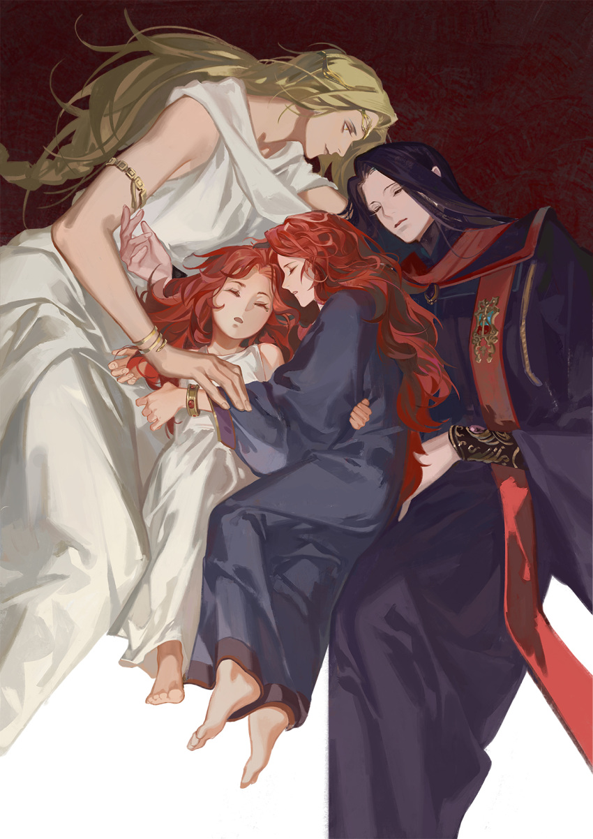 4girls agongzibile black_hair blonde_hair bracer child highres lying malenia_blade_of_miquella multiple_girls on_back on_side queen_marika_the_eternal ranni_the_witch red_hair rennala_queen_of_the_full_moon sleeping tiara yuri