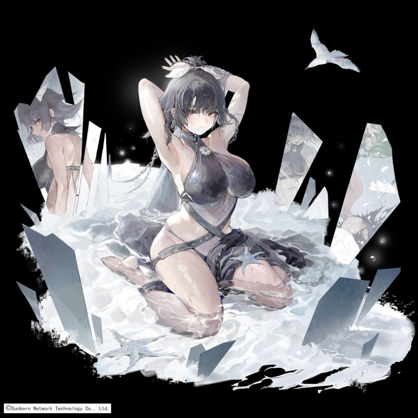1girl armpits arms_up bangs bare_shoulders barefoot bird black_background breasts broken_glass chain commentary_request copyright different_reflection earrings girls'_frontline girls'_frontline_neural_cloud glass grey_hair grey_swimsuit hair_ribbon halterneck highres jewelry large_breasts looking_at_viewer mole mole_under_mouth nora_(girls'_frontline_nc) official_alternate_costume official_art one-piece_swimsuit partially_submerged purple_eyes reflection ribbon seagull short_hair sitting smile starfish swimsuit t_lege_d thighs wariza water wet