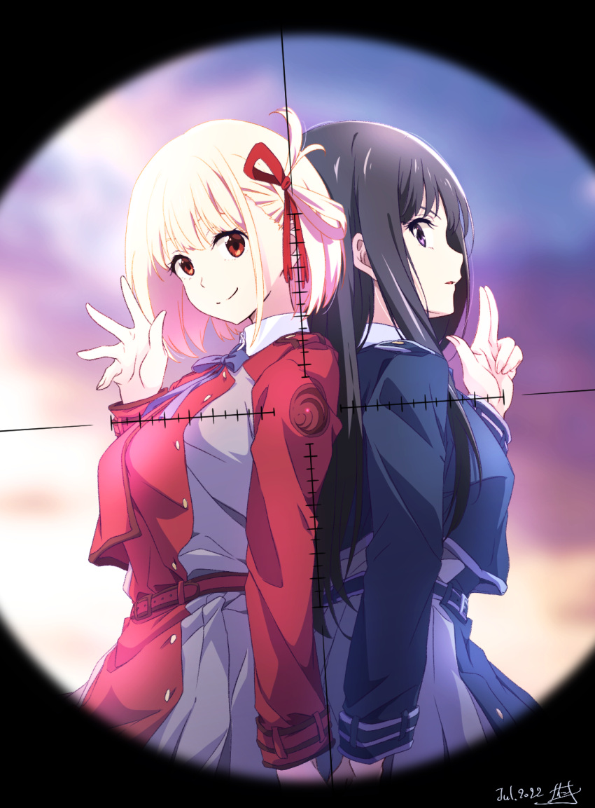 2girls back-to-back bangs black_hair blonde_hair breasts commentary crosshair dated finger_gun hair_ornament highres inoue_takina large_breasts long_hair looking_at_viewer lycoris_recoil medium_breasts multiple_girls nii_manabu nishikigi_chisato orange_eyes purple_eyes short_hair sidelocks signature uniform upper_body waving