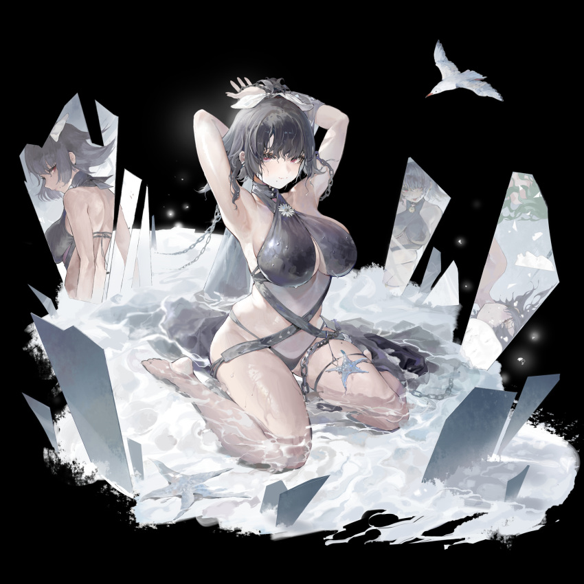 1girl armpits arms_up bangs bare_shoulders barefoot bird black_background breasts broken_glass chain commentary_request different_reflection earrings girls'_frontline girls'_frontline_neural_cloud glass grey_hair grey_swimsuit hair_ribbon halterneck highres jewelry large_breasts looking_at_viewer mole mole_under_mouth nora_(girls'_frontline_nc) official_alternate_costume one-piece_swimsuit partially_submerged purple_eyes reflection ribbon seagull short_hair sitting smile starfish swimsuit t_lege_d thighs wariza water wet