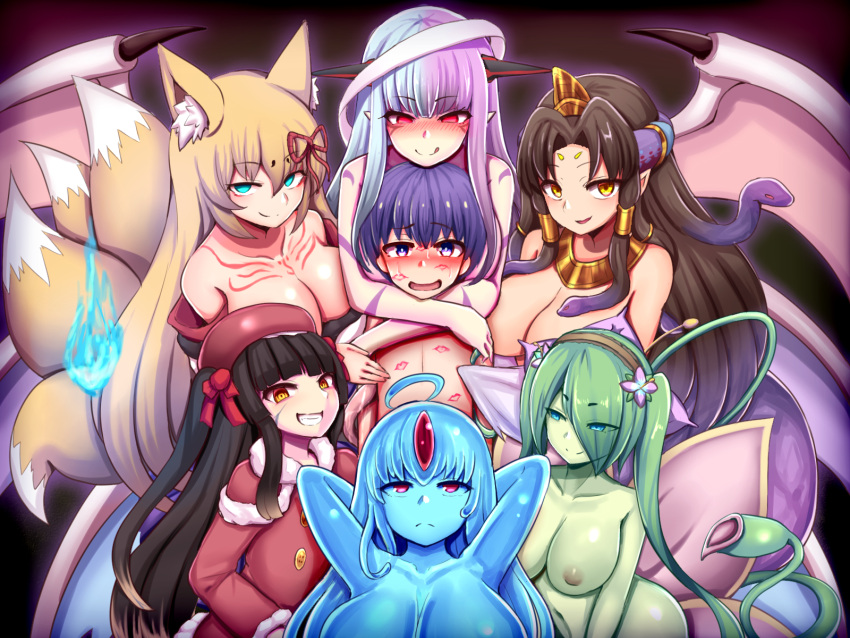 1boy 6+girls alraune animal_ears aqua_eyes black_hair blonde_hair blue_eyes blue_skin blush breasts brown_hair cleavage colored_skin commission dark_blue_hair demon_girl demon_wings eyes_visible_through_hair fox_ears fox_girl fox_tail gold green_hair green_skin grey_hair grin hair_tubes half-closed_eyes harem hetero highres hiruko_(mon-musu_quest!) horns japanese_clothes kanade_(mon-musu_quest!) kanon_(mon-musu_quest!) kimono large_breasts licking_lips lipstick_mark long_hair luka_(mon-musu_quest!) minagi_(mon-musu_quest!) mon-musu_quest! mon-musu_quest:_paradox monster_girl multicolored_hair multiple_girls multiple_tails open_mouth plant_girl purple_hair raichi_(ddq0246) red_eyes saja_(mon-musu_quest!) skeb_commission slime_girl smile snake_hair split_mouth tail tamamo_(mon-musu_quest!) tongue tongue_out wavy_mouth wings yellow_eyes