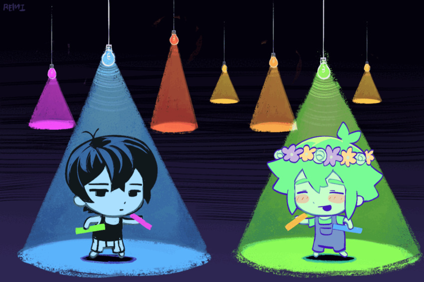 2boys ahoge animated animated_gif basil_(omori) black_eyes chibi dancing epilepsy_warning expressionless green_hair hair_between_eyes head_wreath light_bulb multiple_boys omori omori_(omori) overalls red_eyes remi_(mozzaremi) short_sleeves sidelocks sleeveless tank_top