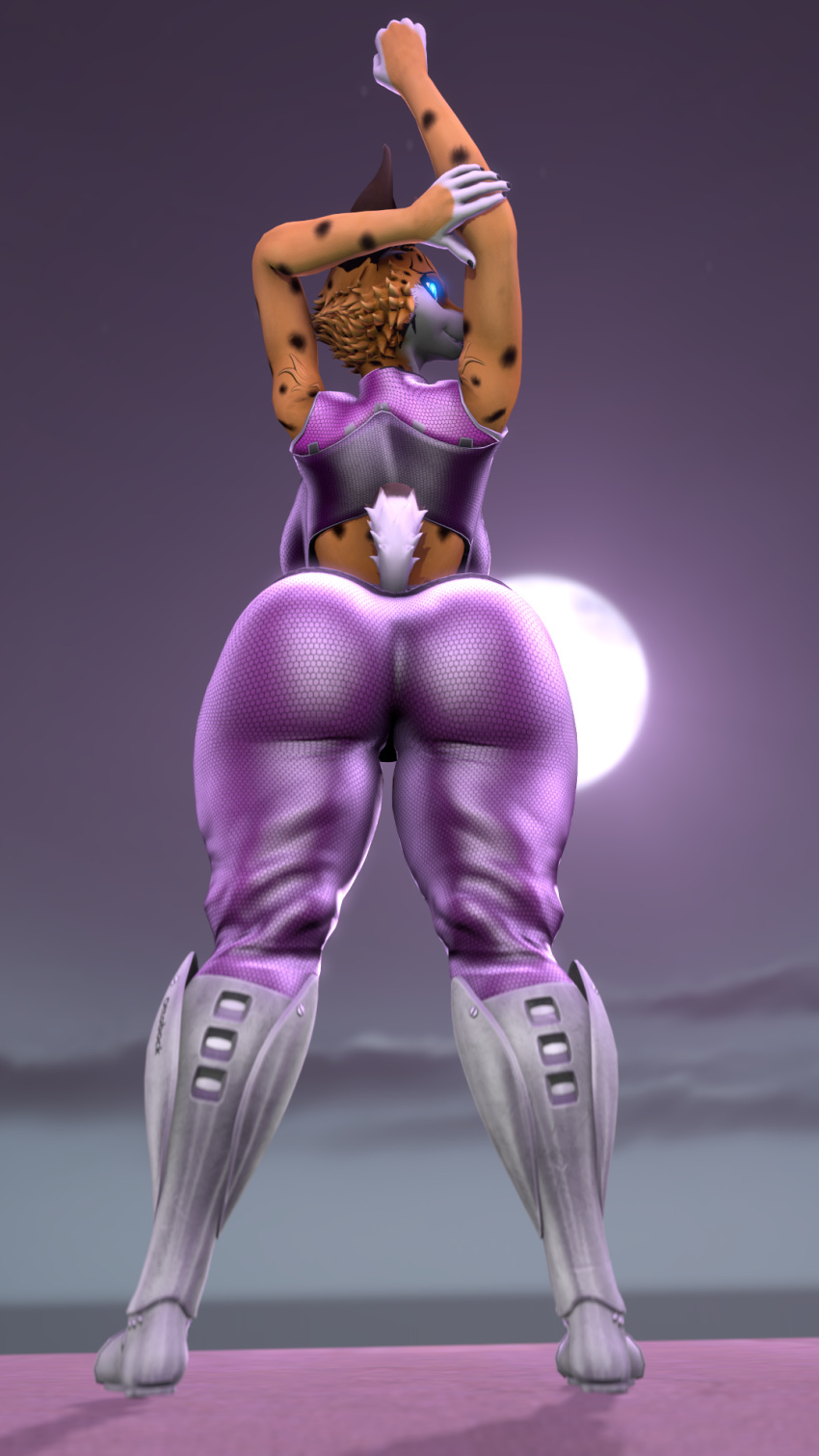 3d_(artwork) anthro big_butt blue_eyes butt clothed clothing digital_media_(artwork) female footwear fur glowing glowing_eyes hi_res looking_back miyu_lynx moon nintendo ok_bruh purple_clothing shoes smile smiling_at_viewer solo source_filmmaker star_fox thick_thighs video_games warfare_machine yellow_body yellow_fur