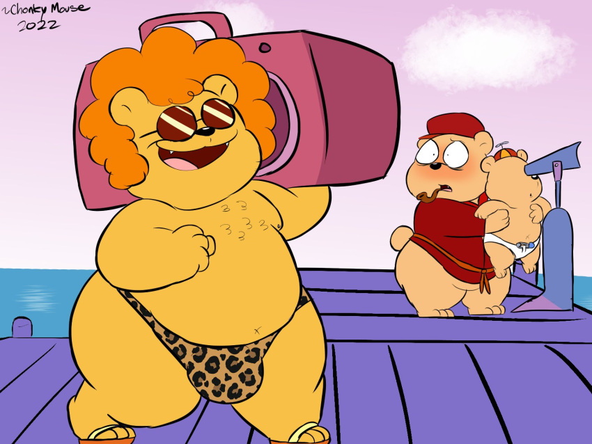 afro animal_print anthro belly binoculars blastoiseanimator blush boombox bulge clothing cub_(htf) disco_bear_(htf) duo embarrassed footwear happy_tree_friends hi_res leopard_print male male/male overweight pop_(htf) sandals speedo swimwear