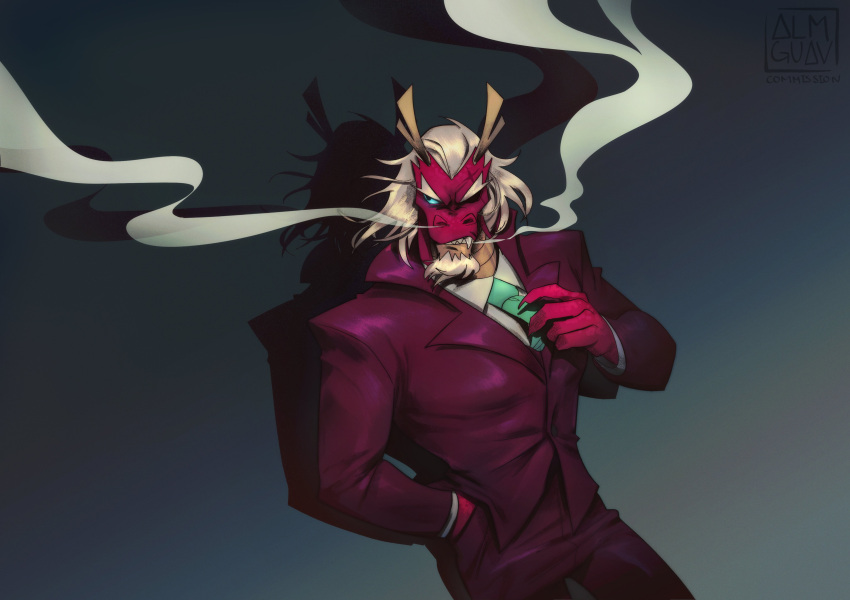 2021 absurd_res almguav anthro blue_eyes boss_bruce clothed clothing dragon eye_scar eyebrows facial_scar fangs fully_clothed grey_background hair hi_res horn male necktie red_body red_clothing rise_of_the_teenage_mutant_ninja_turtles scar shadow simple_background smoke smoke_from_mouth smoke_from_nose solo standing suit teenage_mutant_ninja_turtles teeth white_hair