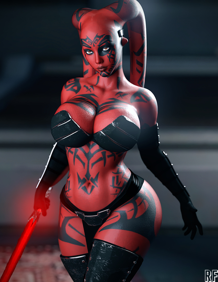 3d_(artwork) absurd_res alien alien_humanoid armwear big_breasts big_butt breasts butt cleavage clothed clothing darth_talon digital_media_(artwork) elbow_gloves female gloves handwear hi_res humanoid legwear lekku_(anatomy) lightsaber markings melee_weapon navel not_furry pseudo_hair red_body red_skin rude_frog skimpy solo star_wars tentacles thick_thighs thigh_highs twi'lek weapon wide_hips
