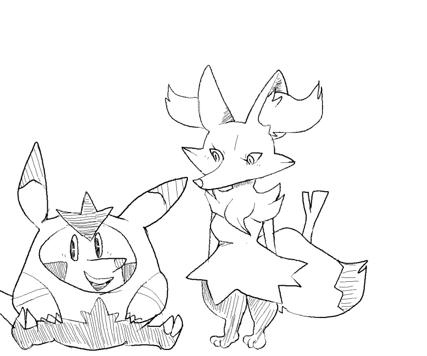 2_toes 3_fingers 3_toes alekoin anthro braixen cute_expression duo feet female fingers male monochrome nintendo pok&eacute;mon pok&eacute;mon_(species) quilladin smile stick toes video_games