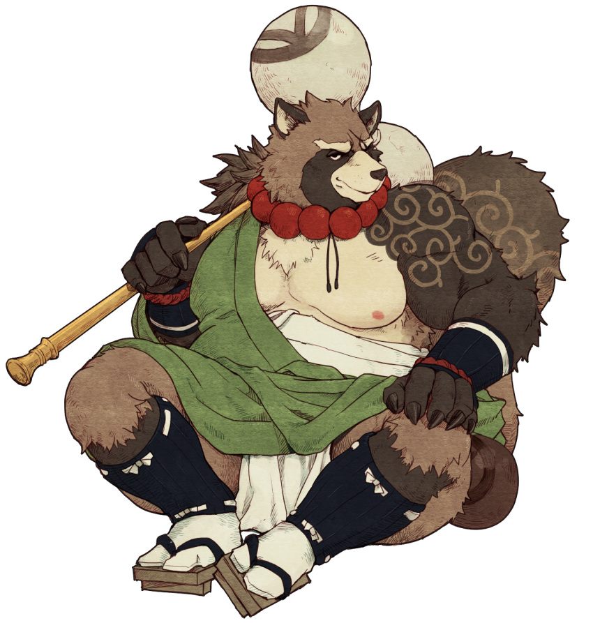 2022 anthro asian_clothing black_nose brown_body brown_fur canid canine clothing east_asian_clothing footwear fundoshi fur gyobu hi_res humanoid_hands japanese_clothing kemono lifewonders male mammal moobs nipples overweight overweight_male raccoon_dog sandals sitting solo tanuki tattoo tokyo_afterschool_summoners underwear video_games weapon white_clothing white_fundoshi white_underwear zn_105