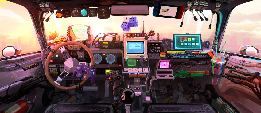 absurdres buttons car car_interior cityscape cockpit computer control_stick damaged dice dirty dusk fire_extinguisher ground_vehicle head_mirror highres jonesca8 keyboard_(computer) lever logo machinery mecha megas_xlr megas_xlr_(mecha) mirror motor_vehicle mtv mtv_logo playing_games realistic robot science_fiction spoilers steering_wheel stick sun super_robot when_you_see_it window