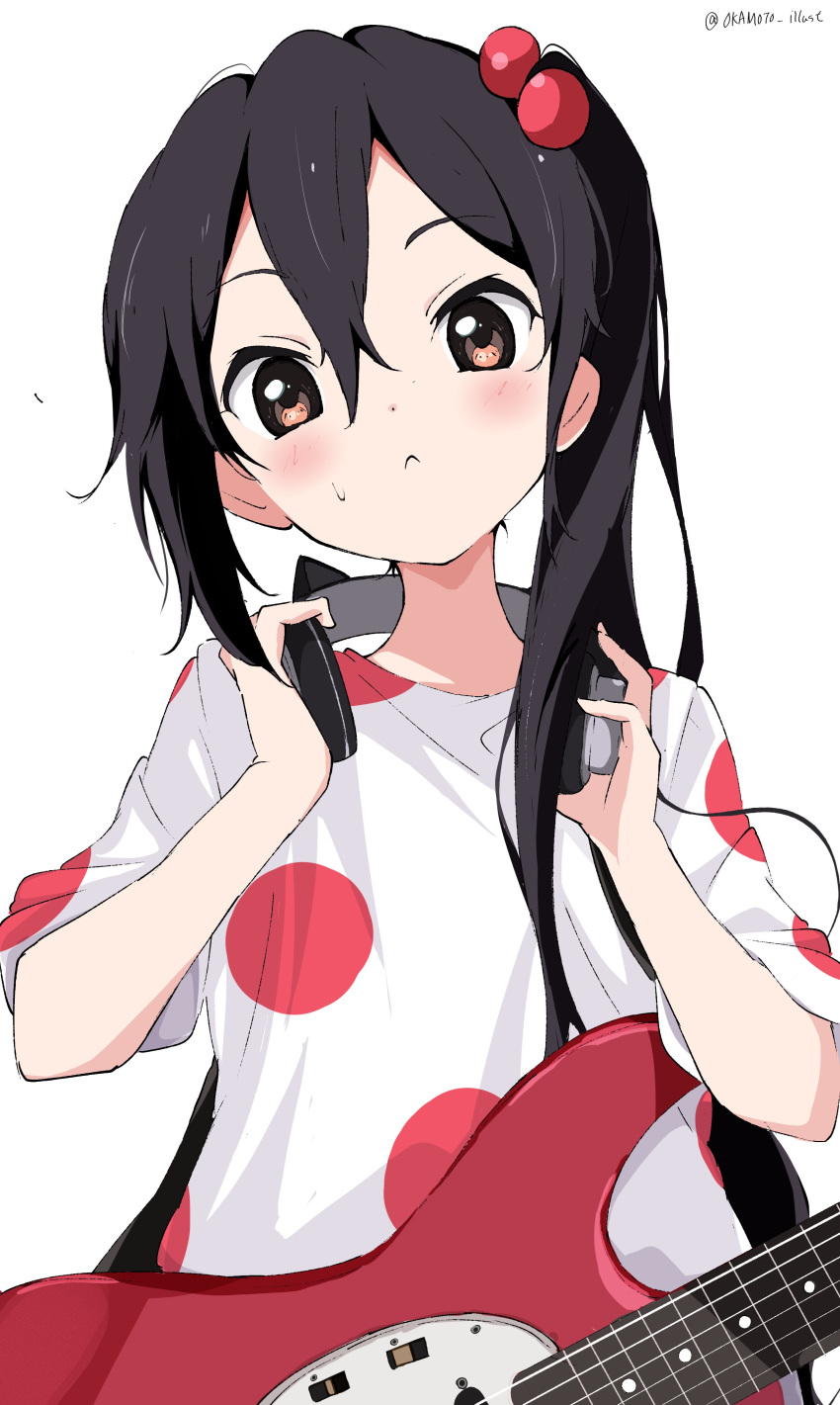 1girl absurdres black_hair brown_eyes casual closed_mouth dot_nose electric_guitar fender guitar hair_between_eyes hair_ornament head_tilt headphones headphones_around_neck highres holding holding_headphones instrument k-on! long_hair looking_at_viewer nakano_azusa pearl_hair_ornament polka_dot polka_dot_shirt shirt short_sleeves side_ponytail sidelocks simple_background solo sweat upper_body white_background white_gorilla_(okamoto) white_shirt